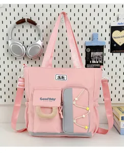 Bolso bandolera de lona rosa con múltiples bolsillos, bolso grande para la escuela y uso diario.