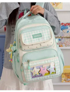Cute plaid student backpack with transparent ita bag window, large capacity mint green daypack.