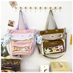 Cute canvas shoulder bag, large capacity tote bag with transparent pocket for students.
