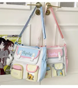 Japanese preppy style multi-pocket canvas shoulder bag for student daily casual use