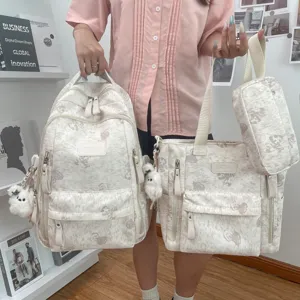 Detailed view of the multi-piece student backpack set with cute print and fluffy charms.