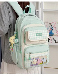 Details of the stylish plaid student backpack featuring transparent ita window and cute charms.