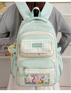 Cute pastel green plaid student backpack with clear window and stars design, large capacity.