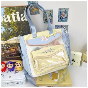 Cute aesthetic student canvas tote bag with clear ita pocket, large capacity school backpack.