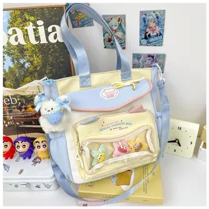 Cute canvas shoulder bag large capacity casual crossbody tote bag with transparent front pocket