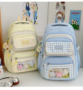 Plaid student backpack with clear ita bag window, large capacity multi-pocket casual schoolbag.