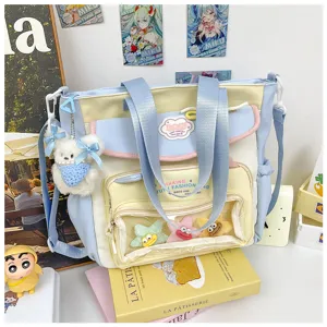 Cute canvas tote bag large capacity student school bag pastel aesthetic shoulder bag with transparent pocket
