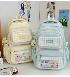 Detail shot of the cute plaid student backpack featuring a clear ita bag window and pockets.
