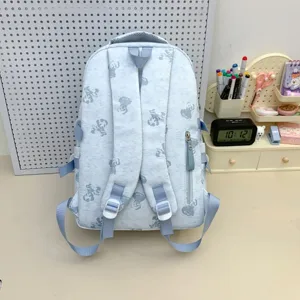 Cute blue cartoon print backpack for school students with multiple convenient compartments.