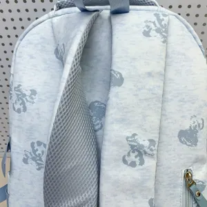 Light blue backpack back detail, breathable mesh shoulder straps, cute bear pattern.