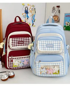 Cute plaid student backpack with transparent window large capacity school bag daily casual.