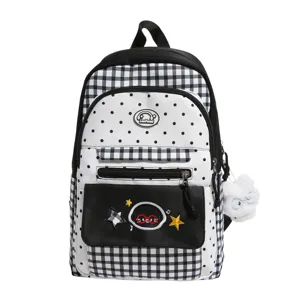 Casual Nylon Plaid Backpack For Teenagers Girls Cute School Bookbag With Plush Pendant Large Capacity Travel Daypack