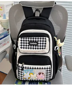 Black and white checkered student backpack large capacity ita bag for daily school use.