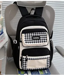 Black and white plaid backpack with clear front pocket, large capacity student school bag.