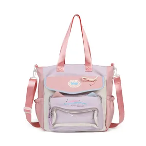 Cute student large capacity canvas tote bag with transparent front pocket and shoulder strap.