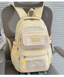 Cute yellow plaid student backpack with transparent window and large capacity for daily use.