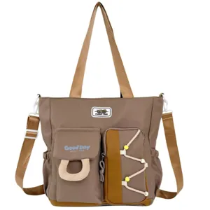 Bolso de hombro de lona con multiples bolsillos de gran capacidad para uso diario y escolar casual.