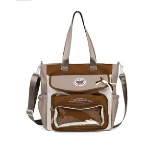 Cute large capacity canvas tote bag with transparent window and shoulder strap for daily use.