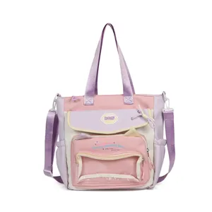 Cute canvas tote bag large capacity school shoulder bag pastel pink multi pocket crossbody bag