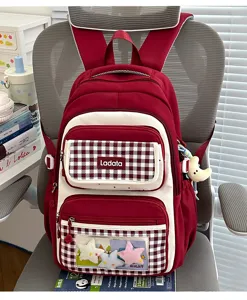 Red and white plaid student backpack large capacity casual school bag with clear window.