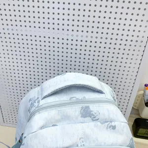 Light blue school backpack detail, cute bear print, multi-compartment design for students.