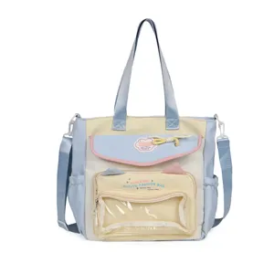 Cute pastel canvas tote bag with transparent window, large capacity school shoulder bag.