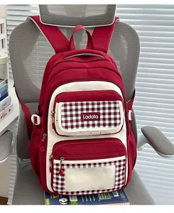 Red white plaid student backpack large capacity transparent window ita bag casual school bookbag