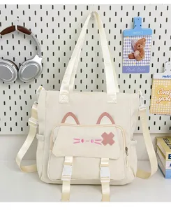 Cute cat canvas tote bag large capacity student school shoulder crossbody bag aesthetic
