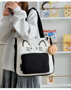 College style large capacity cat color block tote bag, casual shoulder bag for girls.
