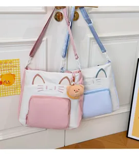 Canvas cat ear tote bag, large capacity shoulder bag for women, cute commuter school book bag.