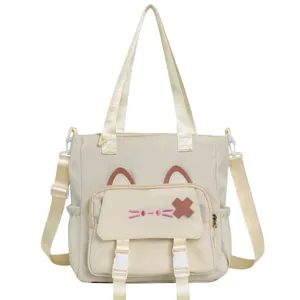 Cute cat canvas tote bag large capacity student shoulder crossbody bag casual travel handbag
