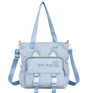 Cute blue cat ear canvas shoulder bag large capacity casual student crossbody tote bag view
