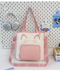 Cute cat ear canvas tote bag for women, large capacity pink shoulder crossbody bag.