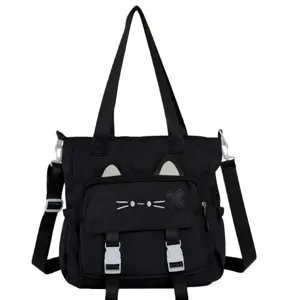 Cute cat canvas tote bag large capacity student shoulder crossbody bag casual travel daypack
