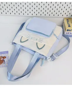 Cute cat ear canvas tote backpack, dual-use shoulder bag for daily commuting and school.