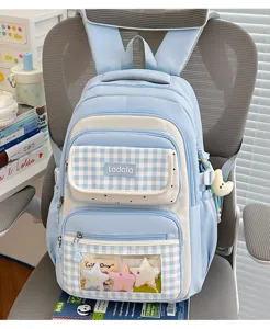 Blue plaid student school backpack large capacity cute ita bag with transparent front pocket and stars.