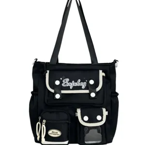 Casual college style canvas shoulder bag, multi-pocket large capacity student school bag.