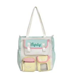 Japanese style canvas shoulder bag, cute pastel college student multi-pocket tote bag