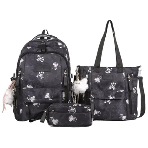 Korean Style Cute Bear Print Waterproof Nylon School Backpack Multi Compartment Student Bookbag Travel Daypack