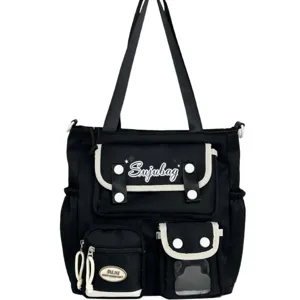 Black canvas tote bag, multi pocket school shoulder bag, casual Japanese style student handbag.