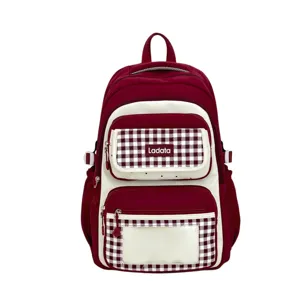 Large capacity student backpack with transparent window, stylish checkered school bag for daily use.