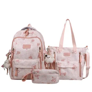 Pink canvas school backpack set with matching tote bag and pencil case for students and teens.