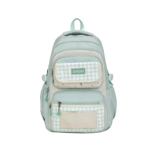 Mint green student backpack large capacity casual plaid school bag with clear ita pocket.
