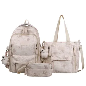 Cute bear print school backpack set with tote bag and pencil case for students and teens.