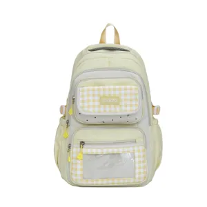 Cute yellow plaid student backpack with transparent window, large capacity, stylish dual shoulder bag.