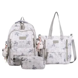 Korean style 3-piece school backpack set with cute bear print, multi-compartment design for students.