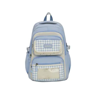 Blue and beige plaid student backpack with large capacity, front clear window and multi pockets.
