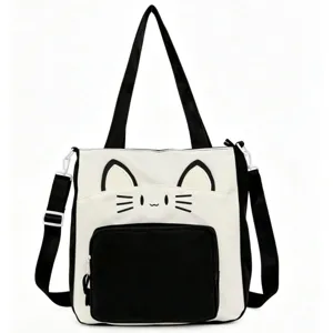 College Style Large Capacity Cat Color-Block Canvas Tote Bag Cute Embroidered Student Commuter Shoulder Crossbody Bag