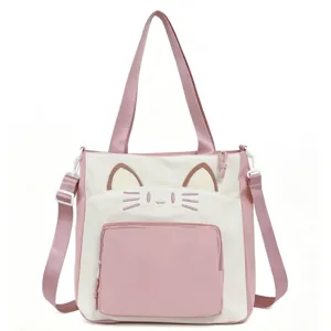 Cute pink white cat ear canvas tote bag large capacity crossbody shoulder bag for women