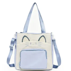 College style large capacity cat color block tote bag shoulder crossbody canvas bag
